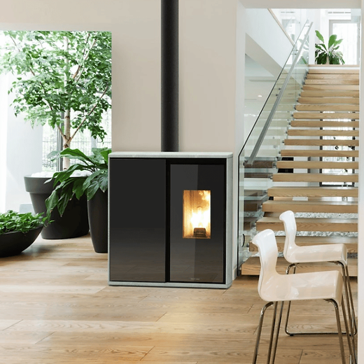 JM - REVERSE  6,5 - 10 kw Profil Pierre ollaire/panneau frontal noir sérigraphié décoré